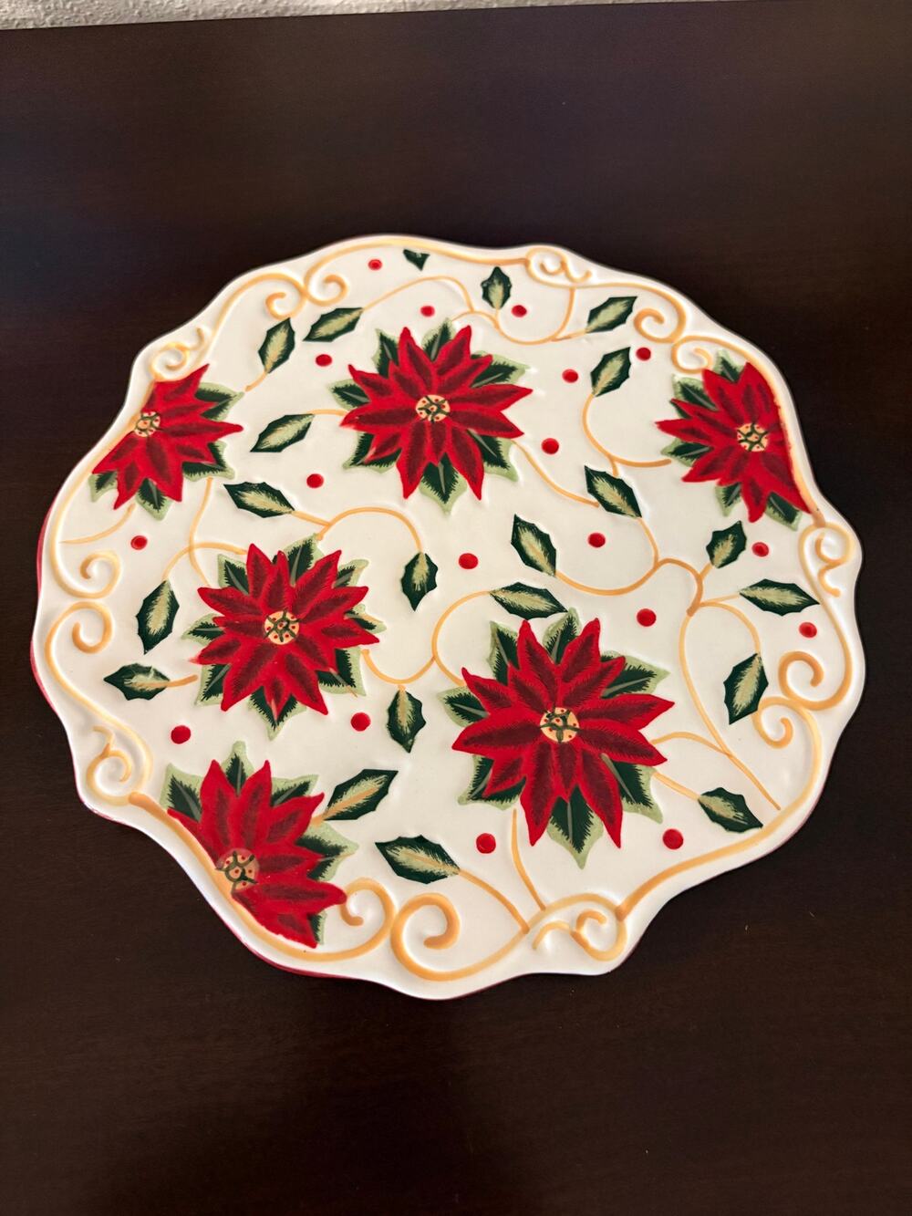 Christmas Poinsettia Ceramic Trivet Platter Scalloped Festive Floral Nostalgic
